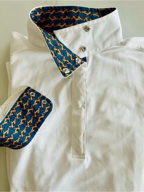 Essex Classics Talent Yarn Long Sleeve Show Shirt in White/Blue Carrots - Medium